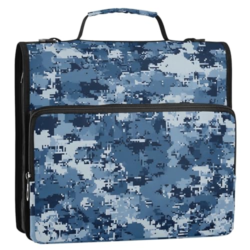 Bolaz Durable 3 Ring Binder Bag with Zipper,Blue Digital Camouflage Pattern,1.5 Inch Multi-Pockets Organizer with Shoulder Strap and Handle - color: Blue Digital Camouflage