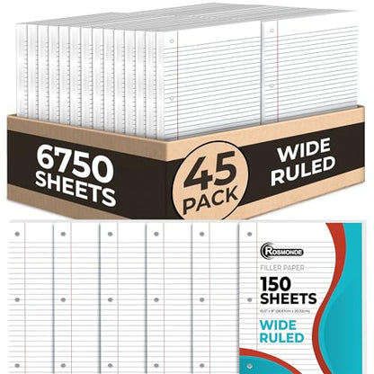 Rosmonde 6750 Sheets Loose Leaf Paper Bulk, 45 Pack, Wide Ruled Paper | Bulk Office Filler Paper, 8" x 10.5", 150 Sheets/Pack, Bulk Notebook Paper, 3 Hole Punched, Wide Ruled Paper For Binder - color: Wide Ruled, size: 45 Pack (6750 Sheets)