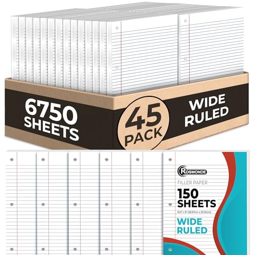 Rosmonde 6750 Sheets Loose Leaf Paper Bulk, 45 Pack, Wide Ruled Paper | Bulk Office Filler Paper, 8" x 10.5", 150 Sheets/Pack, Bulk Notebook Paper, 3 Hole Punched, Wide Ruled Paper For Binder - color: Wide Ruled, size: 45 Pack (6750 Sheets)