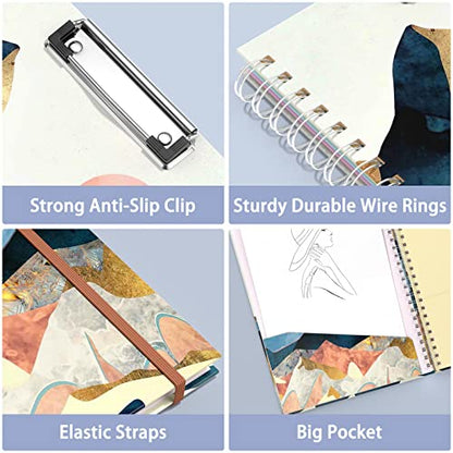 Rimilak Spiral Clipboard Folio with Refillable Lined Notepad, 14.5 x 9.8 In, Hardcover Cover with 5 Interior Pockets, Elastic Band and Pen Loop Series. Cute Stylish Clipfolio, Watercolor Sunset - color: Watercolor Sunset