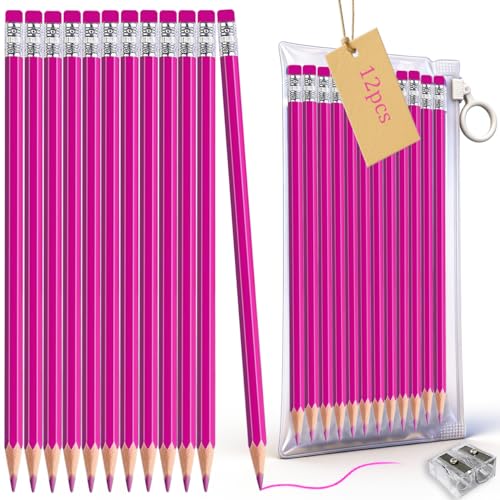 Adhere Peony Red Colored pencils 12pcs Erasable Checking Pencils Pre-Sharpened #2 HB,for Checking Tests Grading,Map Coloring,editing Office Favors,including a Free sharpener - color: Peony Red