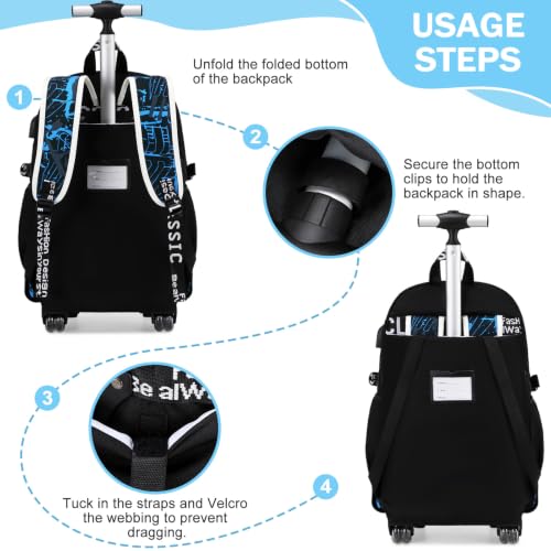 Bevalsa Rolling Backpack for Boys, Roller Backpack with Wheels, Wheeled School Bag with Sling Bag, Lunch Box & Pen Case for Kids Children Teens Elementary Middle Student Glow In The Dark - color: Smile