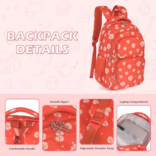 Glodwheat Daisy Printed Backpack For Girls- 3Pc Set With Lunch Box & Pencil Case, Lightweight Water-Resistant Bookbag For Elementary School - color: Orange