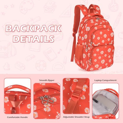 Glodwheat Daisy Printed Backpack For Girls- 3Pc Set With Lunch Box & Pencil Case, Lightweight Water-Resistant Bookbag For Elementary School - color: Orange