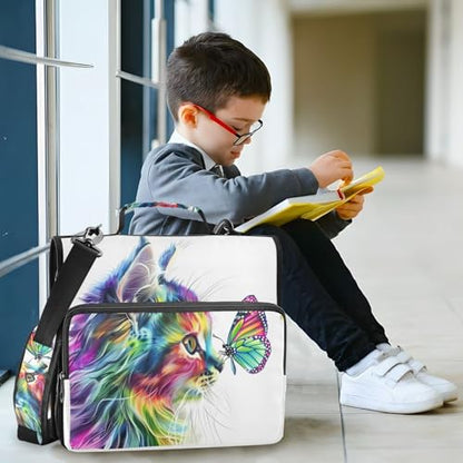 JIPONI Zipper Binder Bag with Handle, Cat Rainbow Butterfly 2 in 3-Ring Binder Organizer with Shoulder Strap, 500 Sheets Large Capacity for School Office