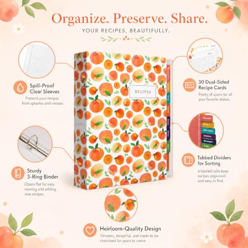 Jot & Mark 8.5"" x 11"" Sturdy 3 Ring Recipe Binder with Spill-Proof Clear | 50 Recipe Cards + 25 Sleeve Protectors + 5 Full-Page Sleeves + 6 Tabs | 8.5x11 | Peach Dream - color: Peach Dream, size: 8.5" x 11"