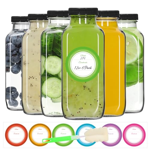 STARSIDE 12 oz Glass Juice Bottles with Lids 6 Pack - Square Reusable Drinking Jars for Juicing, Milk, Kombucha - Includes 1 Bottle Brush, 6 Colored Labels - size: 12 Ounces