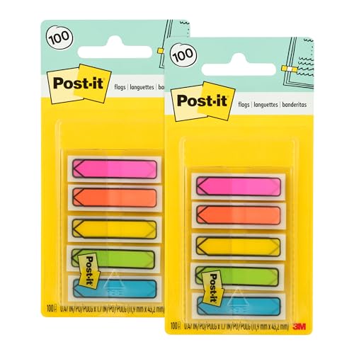 Post-it Arrow Flags,0.47 in.x .7 in.,Dispenser with 100-Count Assorted Bright Colors Sticky Tabs Per Dispenser,Removable Page Markers for Planners,Journals,and Calendars (100 Flags Total),(Pack of 2) - size: 0.47" x 2.8", 100 Count (Pack of 2)