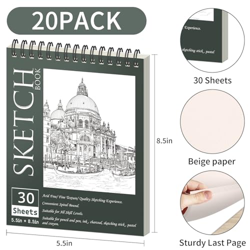OSIMIG 20 Pack Sketch Books 5.5" x 8.5", Top Spiral Bound Sketch Pad, Mini Sketchbook Bulk for Kids, 600 Sheet Drawing Paper (68lb/100gsm), Drawing Pad for Beginger, Art Supplies - size: 20 Pack