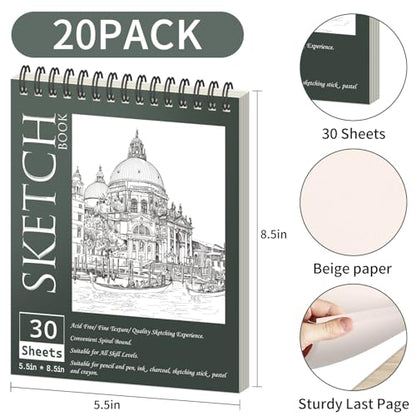 OSIMIG 20 Pack Sketch Books 5.5" x 8.5", Top Spiral Bound Sketch Pad, Mini Sketchbook Bulk for Kids, 600 Sheet Drawing Paper (68lb/100gsm), Drawing Pad for Beginger, Art Supplies - size: 20 Pack