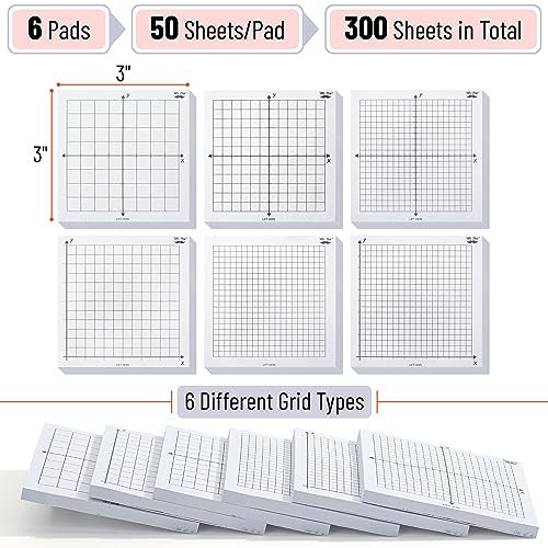 Mr. Pen- Graph Sticky Notes, 3x3 Inch, 6 Pads, 50 Sheets/Pad, 300 Sheets | 6 Grid Designs, White, Square Graph Paper Notes, Grid Sticky Note Pads for Math, Study, Journals, Planners - color: White