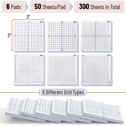Mr. Pen- Graph Sticky Notes, 3x3 Inch, 6 Pads, 50 Sheets/Pad, 300 Sheets | 6 Grid Designs, White, Square Graph Paper Notes, Grid Sticky Note Pads for Math, Study, Journals, Planners - color: White