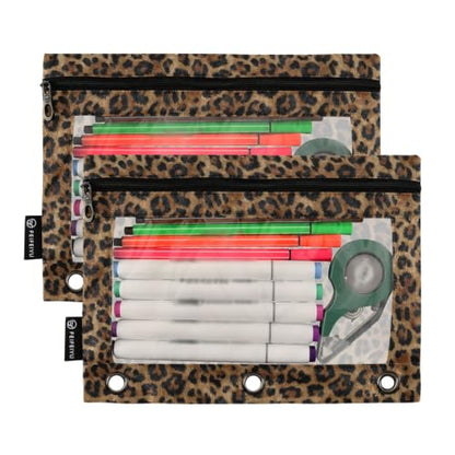Binder Pencil Pouch for 3 Ring Binder Pencil Case Bags Cheetah Leopard Print Animal with Zipper Clear Window 2 Pack - color: Cheetah Leopard Print Animal