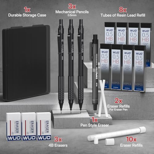 WUO 0.5mm Mechanical Pencil Set, 3 Black Metal Drafting Pencils with 480 HB Lead Refills, Precision Eraser Pen, 4B Erasers & Case, Mechanical Pencils for Writing, Drawing, Sketching & School - color: Black, size: 0.5