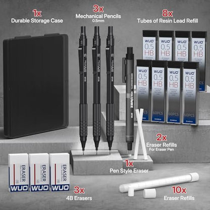 WUO 0.5mm Mechanical Pencil Set, 3 Black Metal Drafting Pencils with 480 HB Lead Refills, Precision Eraser Pen, 4B Erasers & Case, Mechanical Pencils for Writing, Drawing, Sketching & School - color: Black, size: 0.5