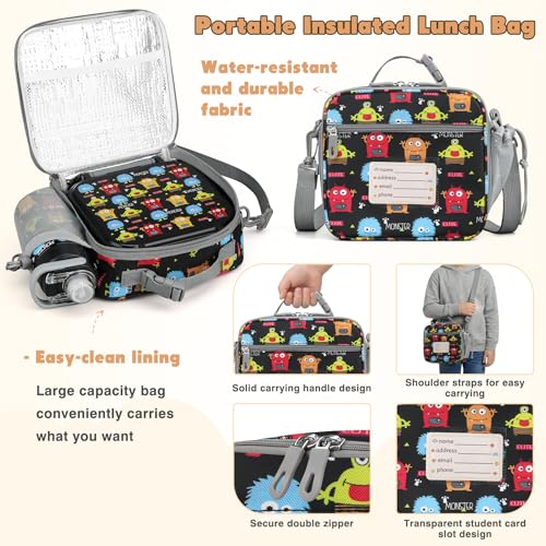 Bento Lunch Box for Kids with 7oz Soup Thermo,Insulated Stainless Steel Kids Water Bottle with Straw and Insulated Lunch Bag,Leak-Proof Lunch Food Container with Ice Pack for School(Black-Cute) - color: Black-Cute