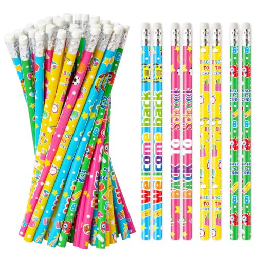 Xqumoi 60Pcs Back to School Pencils with Erasers - 4 Designs #2 HB Pencil in Bulk Welcome Back to School Stationery for Student Classroom Rewards Goodie Bag Fillers Birthday Party Favors Supplies - style: Back to School