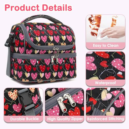 FlowFly Double Decker Cooler Insulated Lunch Bag Large Tote for Boys, Girls, Men, Women, With Adjustable Strap,Heart - color: Heart