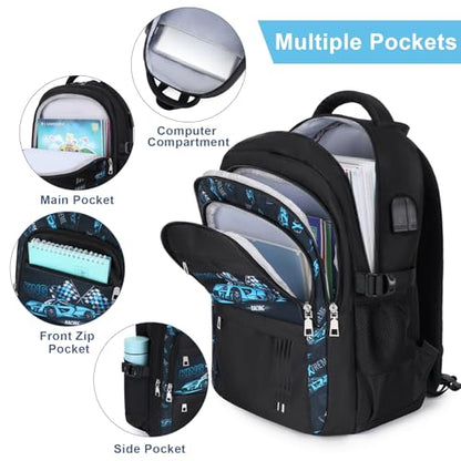 ACESAK Boys Backpack - Racing Car Bento Box with Insulated Lunch Bag Pencil Case & Utensils Set for Kids, 6 Leakproof Compartments Removable Tray Lunches or Snack Container - color: Blue Car