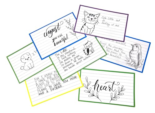 PPAPPAPPIYO 100 Pack 3x5 Ruled Index Cards, Extra Thick 260gsm White Cardstock, Colorful Borders with Ruled Front and Blank Back, Heavyweight Flash Cards for Study, Recipes, and Organization