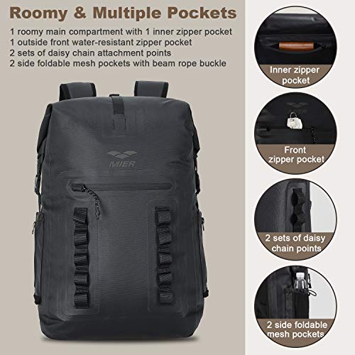 MIER Roll Top Waterproof Backpack Floating Dry Bag for Men Women | Heavy Duty Dry Sack, Cushioned Back, Multi-Pockets, Adjustable Chest Strap,For Kayaking Beach Boating Swimming Hiking Travel - color: Black