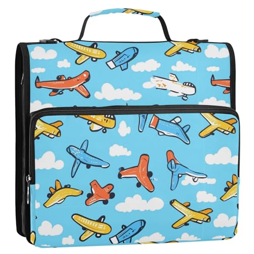 Boccsty Airplane Cartoon Pattern Zipper Binder 3 Ring Binders Expanding File Folder Multi-Pocket Zipper Binder Organizer for School Shoulder Strap and Handle - color: Multicolored 18