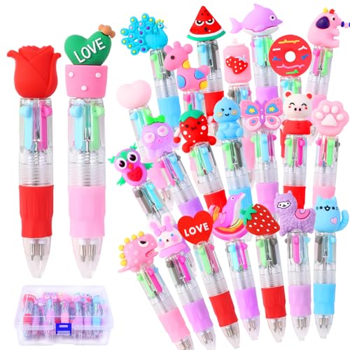 Vellibring 24PCS Valentines Fun Pens 0.7mm Cute Animal Multicolor Ballpoint Pens Retractable 4 Colors in One Valentines Stationery Party Favors School Supplies Students Rewards - style: Valentines-24pcs