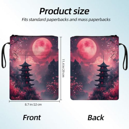 Padded Book Sleeve with Zipper & Front Pocket, Fabric Book Cover | Pagoda Blood Moon11.4"x8.7" Washable Canvas Pouch for Hardcovers, Tablets & Reading Accessories - color: Pagoda Blood Moon