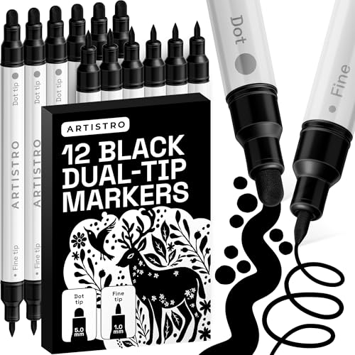 ARTISTRO 12 Black Dual-Tip Acrylic Paint Markers – Paint Pens Set with Dot & Fine Tips for Fabric, Rock, Glass, Wood, Coloring Books – Arts & Crafts Gift – Classroom Must Haves & School Supplies - style: Black