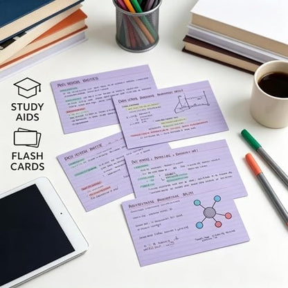 5x7 Purple Index Cards 50 Count, Large Ruled Note Cards with Rings for Creative Notes — 250gsm Heavy Cardstock Lined Flashcards for Vocabulary, Language Learning & Home Filing - color: Purple - 50 Pack