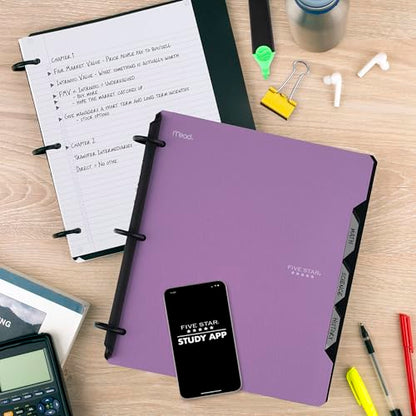 Five Star Flex Refillable Notebook + Study App 1 Inch O-Rings Binder with Pockets Tabs and Dividers, 220 Sheet Capacity, Includes 60 Sheets 8.5" x 11" College Ruled Paper, Amethyst (29328AB6) - color: Purple, size: 1 Count (Pack of 1)