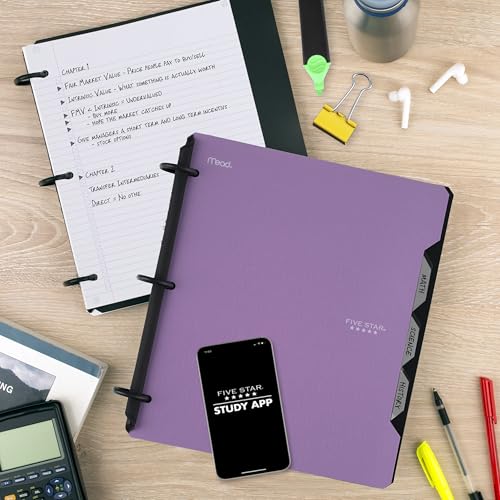 Five Star Flex Refillable Notebook + Study App 1 Inch O-Rings Binder with Pockets Tabs and Dividers, 220 Sheet Capacity, Includes 60 Sheets 8.5" x 11" College Ruled Paper, Amethyst (29328AB6) - color: Purple, size: 1 Count (Pack of 1)