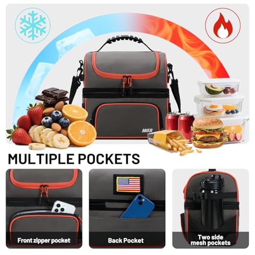 MIER 2 Compartment Lunch Bag Tote with Shoulder Strap for Men and Women Insulated Leakproof Cooler Bag, Grey/Orange - color: Grey/Orange