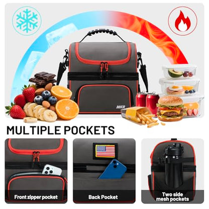 MIER 2 Compartment Lunch Bag Tote with Shoulder Strap for Men and Women Insulated Leakproof Cooler Bag, Grey/Orange - color: Grey/Orange
