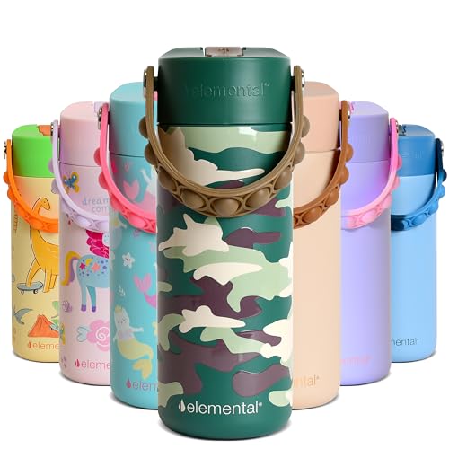 Elemental Insulated Kids Water Bottle, Stainless Steel Water Bottle with Straw Lid & Pop-It Handle, Leak-Proof Water Bottles for School, Boys or Girls, Travelling and Sports, 18oz - Green Camo - color: Green Camo