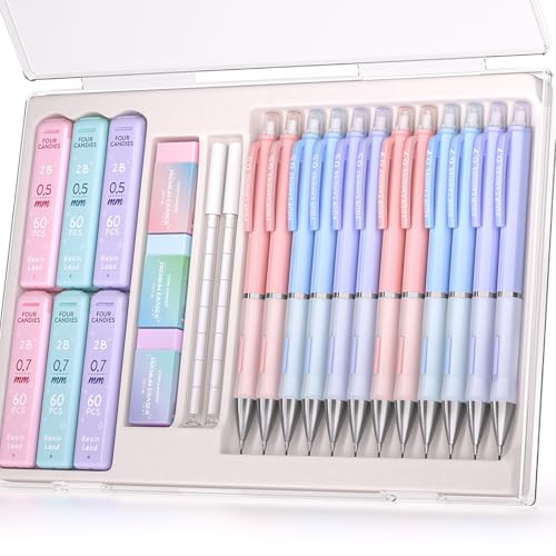 Four Candies Pastel Mechanical Pencil Set, 0.5mm & 0.7mm Point, Pack of 12 | 720 HB/2B Leads, 3 Erasers+18 Refills, Storage Case, Cute Pink/Purple/Blue Barrels, Rubber Grip, for Notes & Drawing - style: 12PCS 0.5 + 0.7 mm