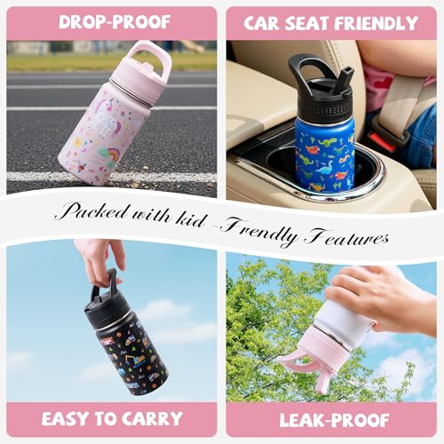 14 Oz Kids Water Bottle, Stainless Steel Water Bottle with Straws, Leak-Proof, BPA-Free, Insulated Water Bottles for School Boys & Girls|Pink - color: Pink