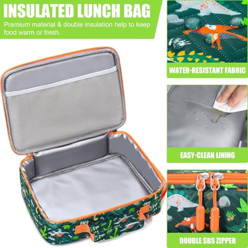 Fimibuke Kids Bento Snack Lunch Box with Thermo Insulated Toddler Lunch Bag | Lunch Box Kids with 4 Compartment, Food Jar, Ice Pack, Utensils, Birthday Gifts for Ages 3-12 Back to School Toddler Girl Boy - color: A7.Green Dinosaur