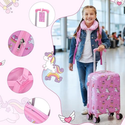 16’’ Kid’s Luggage Set with Spinner Wheels, Hardside with Suitcases,6 Piece | Carry on Luggage, Travel Rolling Luggage Airline Approved, Girls Boys - color: Unicorn