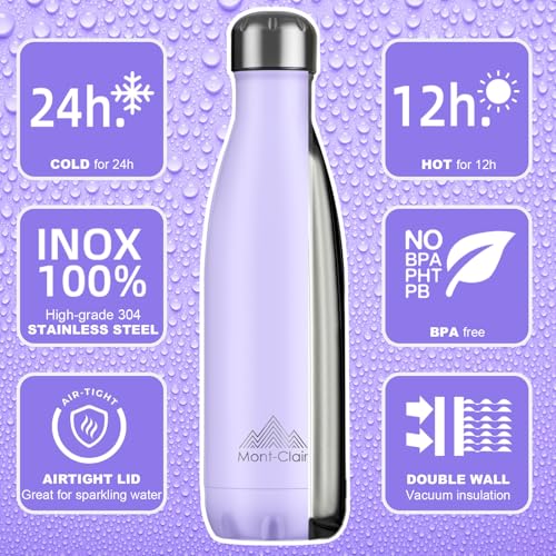 Mont-Clair Stainless Steel Water Bottle, Vacuum insulated - BPA Free, 12h Hot & 24h Cold Drinks, Metal Water Bottle 17 oz Leakproof, Ideal for Adult, Kids, Running - Lilac - color: Lilac, style: 17 Ounces