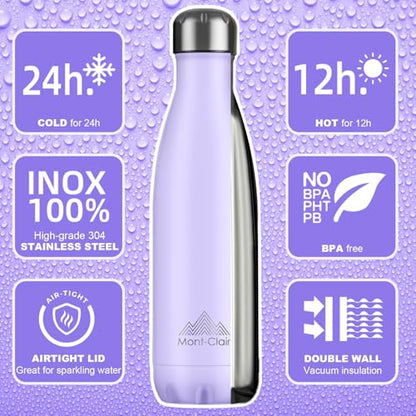 Mont-Clair Stainless Steel Water Bottle, Vacuum insulated - BPA Free, 12h Hot & 24h Cold Drinks, Metal Water Bottle 17 oz Leakproof, Ideal for Adult, Kids, Running - Lilac - color: Lilac, style: 17 Ounces
