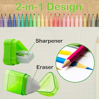 20 PCS Manual Pencil Sharpener with Eraser-2 in 1 Single Hole Triangular Shape Handheld Crayon Sharpener with Receptacle and Eraser for School, Office and Home Supplies