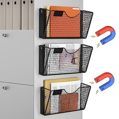 MFTEK Magnetic File Holder, 3 Pockets Magnetic File Folder Holder No Drilling Magnet Paper Mail Organizer Magazine Basket, Hanging Wall Storage Rack for Fridge Cabinets Office Classroom - color: Black, size: 3 Pack