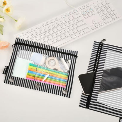 Gredecor 3 Ring Binder Pencil Pouch, Black and White Line Zippered Pen Case Pouches with Clear Window, 2 Pack Stylish Office & School Supplie - color: Black and White Line