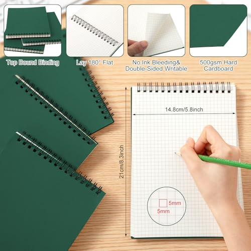 Engrowtic 6 Pack Graph Paper Spiral Notepad A5 Top Wirebound Notepad Grid Notebook Steno Pad Memo Notebook Grid Paper 140 Pages for Writing Sketching Drawing Office Supply (Dark Green) - color: Dark Green