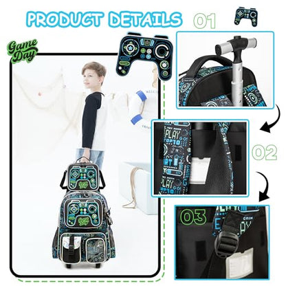 Meetbelify Kids Rolling Backpack with Wheels for Boys Rolling Backpacks with Lunch Box for Elementary School Students 3 in 1 Travel Luggage Suitcase for Boys Age 8-10 - color: Boy 05