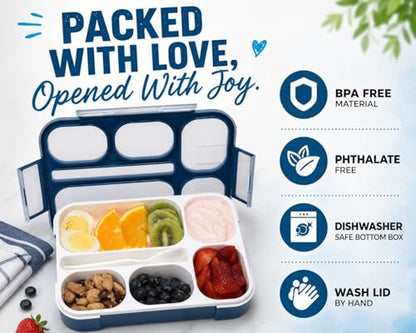 Bento Lunch Box Snack Containers for Kids Boys Girls Adults, 6 Divided Compartments - School, Daycare, Leak Proof Meal Planning Portion Control, BPA-Free Boxes, Utensils, Navy Blue - color: Navy