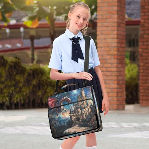 3 Ring Zipper Binder Dragon Castle Binder Organizer Portfolio with File and Shoulder Strap & Handle Large Capacity File Folder - color: Dragon Castle