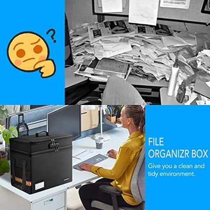 Fireproof Document Box with 13 Pocket Accordian File Folder | Water-Resistant File Organizer Box with Lock, Collapsible File Storage Cabinet for Hanging Letter/Legal Folder, Black