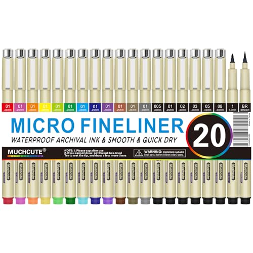 Muchcute Micro Fineliner Drawing Art Pens: 20 Set (12 Colors & 8 Black) Extra Fine Line Waterproof Ink Artist Supplies Archival Inking Ultra Thin Markers Sketch Sketching Watercolor Zentangle Stuff - color: 20 Set (12Colors01+8Black)